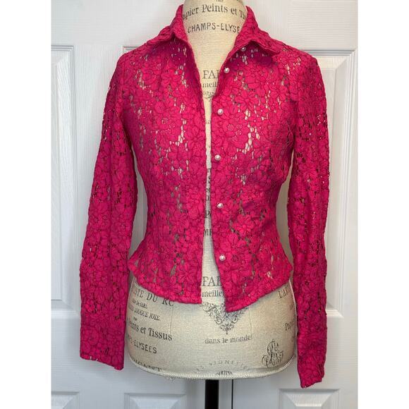 Zara see through eyelet button down ladies hot pink blouse size Small - Picture 1 of 11